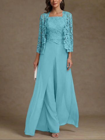 3 Pieces Square Collar Chiffon Mother of the Bride Pantsuits with Jacket Lace Ankle-Length with Overskirt 3/4 Sleeves
