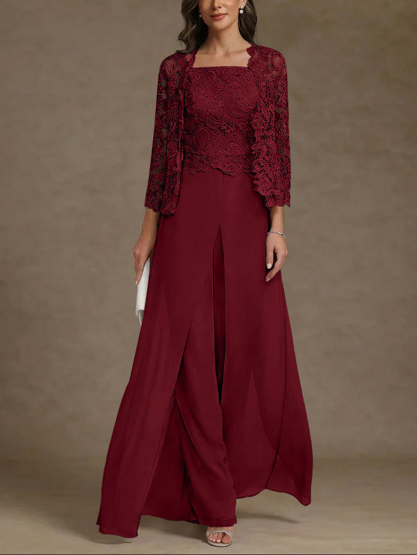 3 Pieces Square Collar Chiffon Mother of the Bride Pantsuits with Jacket Lace Ankle-Length with Overskirt 3/4 Sleeves