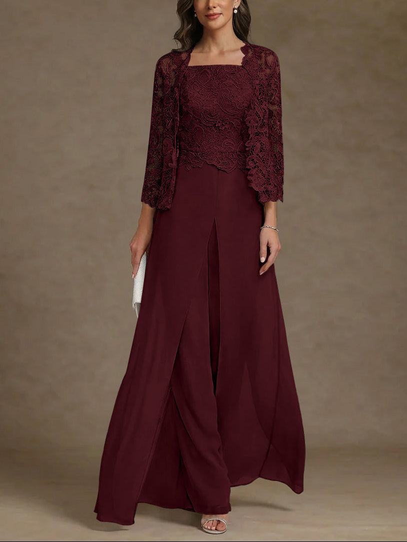 3 Pieces Square Collar Chiffon Mother of the Bride Pantsuits with Jacket Lace Ankle-Length with Overskirt 3/4 Sleeves