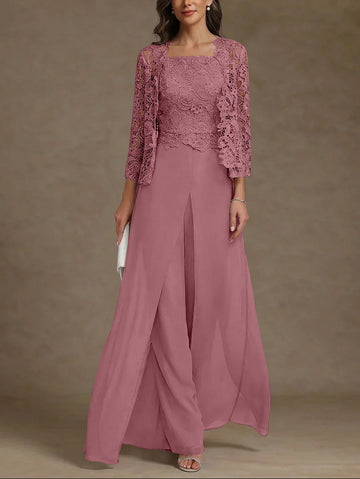 3 Pieces Square Collar Chiffon Mother of the Bride Pantsuits with Jacket Lace Ankle-Length with Overskirt 3/4 Sleeves
