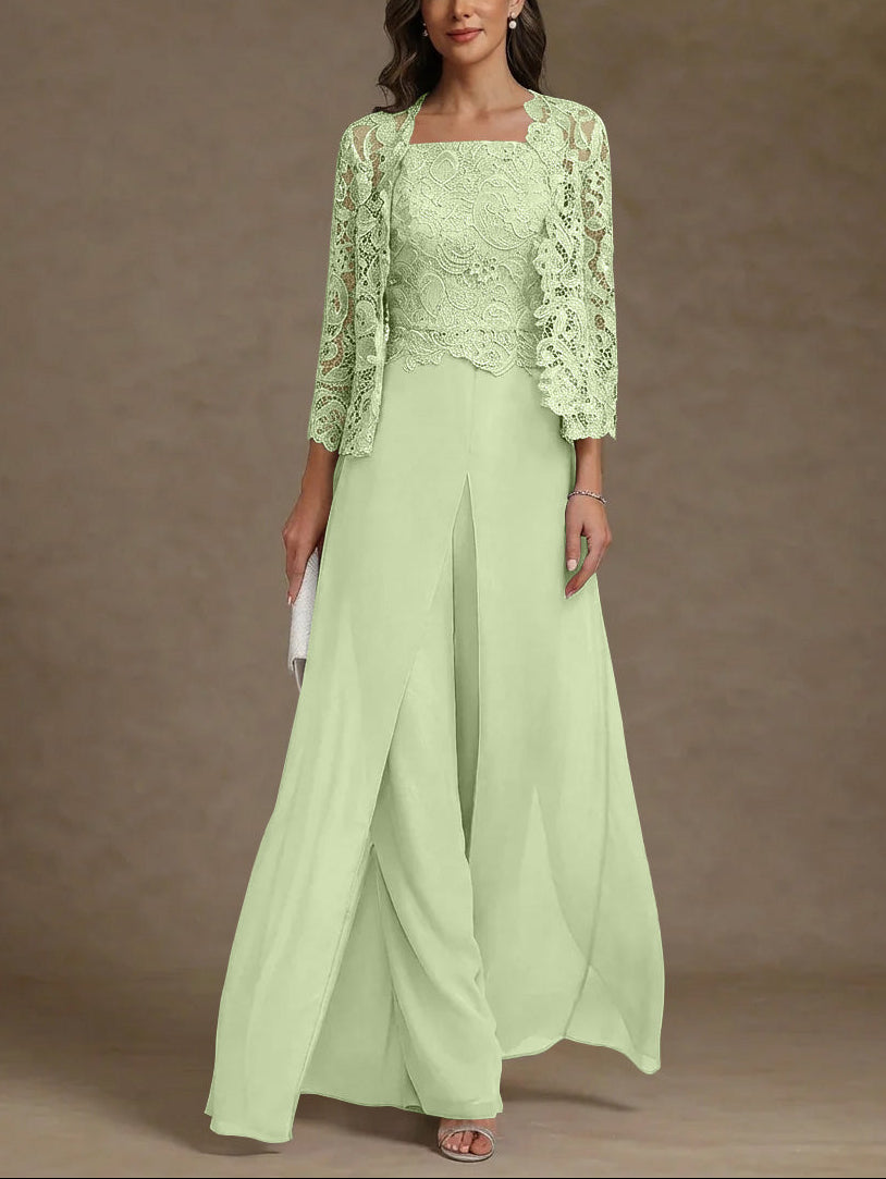 3 Pieces Square Collar Chiffon Mother of the Bride Pantsuits with Jacket Lace Ankle-Length with Overskirt 3/4 Sleeves