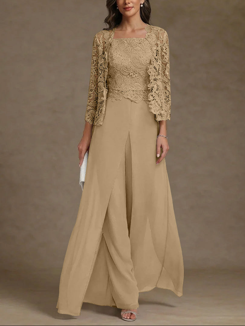 3 Pieces Square Collar Chiffon Mother of the Bride Pantsuits with Jacket Lace Ankle-Length with Overskirt 3/4 Sleeves