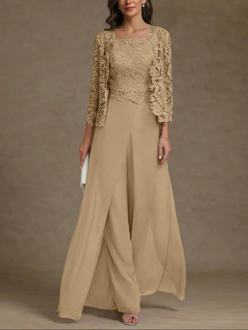 3 Pieces Square Collar Chiffon Mother of the Bride Pantsuits with Jacket Lace Ankle-Length with Overskirt 3/4 Sleeves