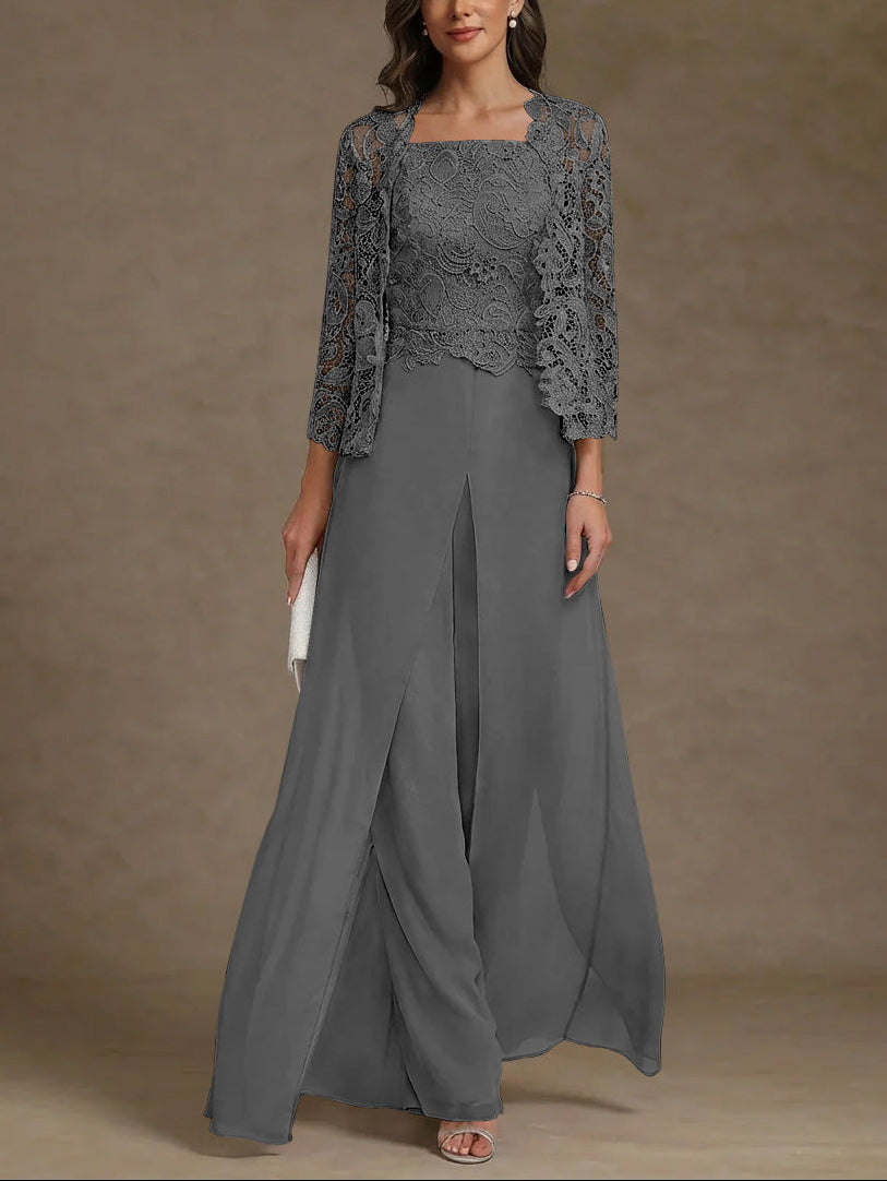 3 Pieces Square Collar Chiffon Mother of the Bride Pantsuits with Jacket Lace Ankle-Length with Overskirt 3/4 Sleeves