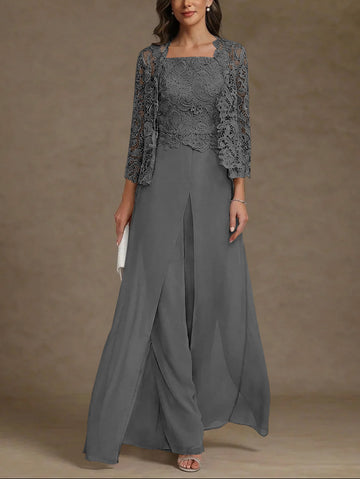 3 Pieces Square Collar Chiffon Mother of the Bride Pantsuits with Jacket Lace Ankle-Length with Overskirt 3/4 Sleeves