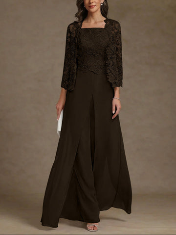 3 Pieces Square Collar Chiffon Mother of the Bride Pantsuits with Jacket Lace Ankle-Length with Overskirt 3/4 Sleeves