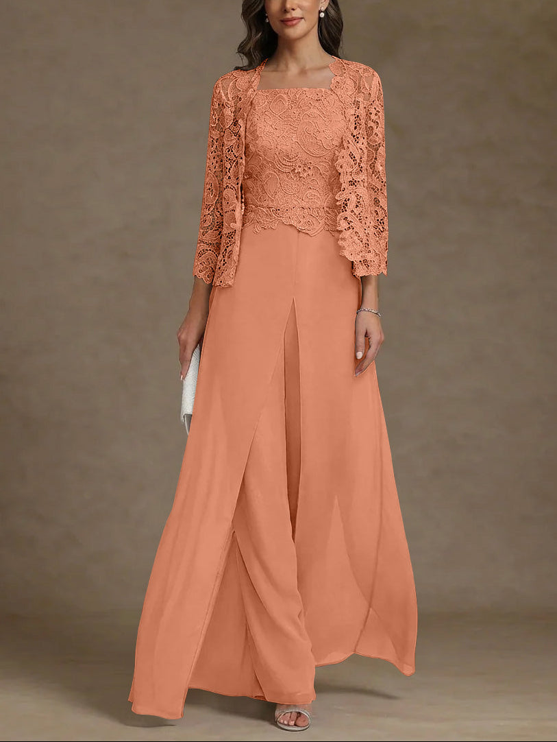 3 Pieces Square Collar Chiffon Mother of the Bride Pantsuits with Jacket Lace Ankle-Length with Overskirt 3/4 Sleeves