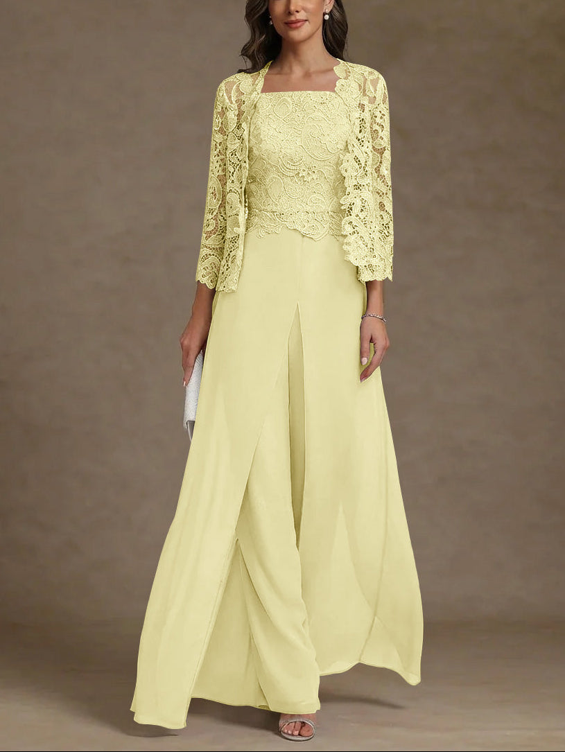 3 Pieces Square Collar Chiffon Mother of the Bride Pantsuits with Jacket Lace Ankle-Length with Overskirt 3/4 Sleeves