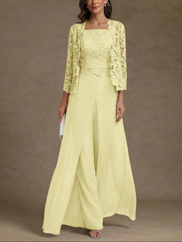 3 Pieces Square Collar Chiffon Mother of the Bride Pantsuits with Jacket Lace Ankle-Length with Overskirt 3/4 Sleeves