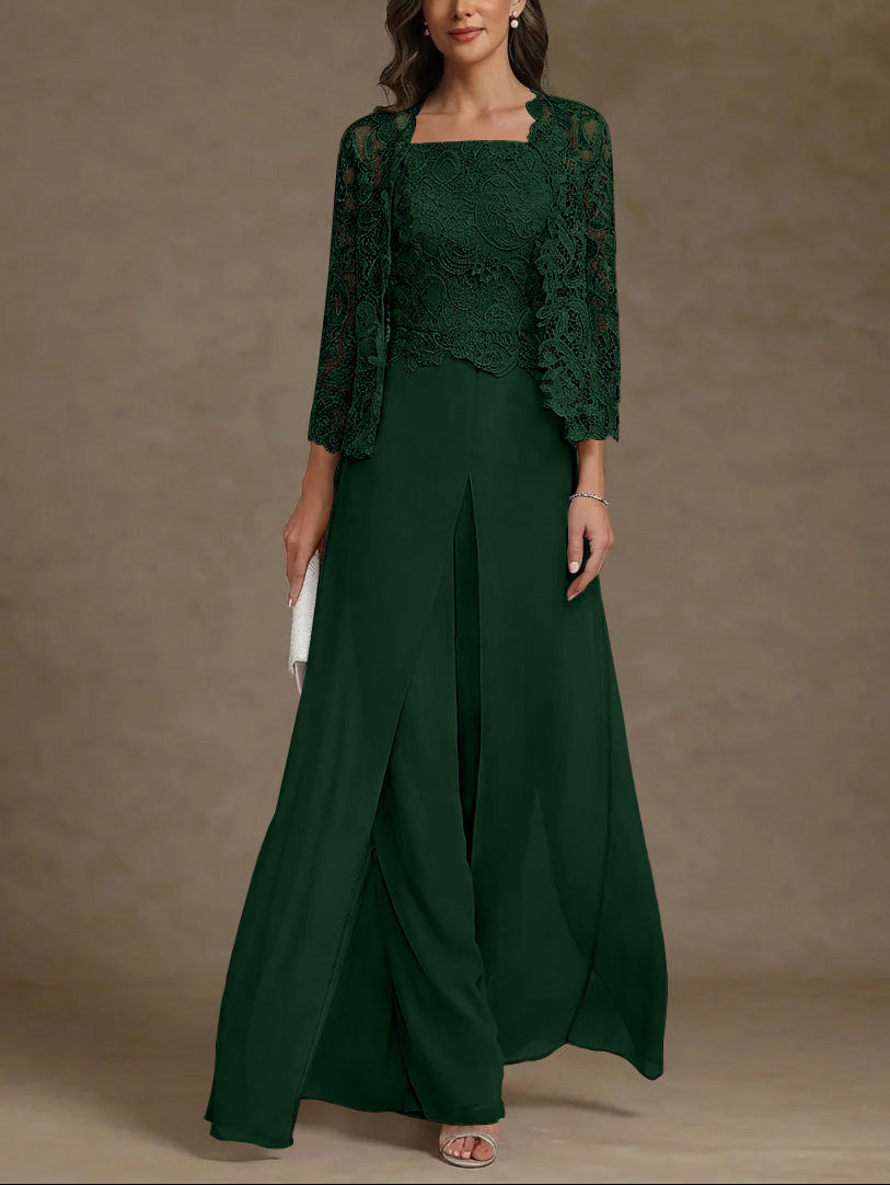3 Pieces Square Collar Chiffon Mother of the Bride Pantsuits with Jacket Lace Ankle-Length with Overskirt 3/4 Sleeves
