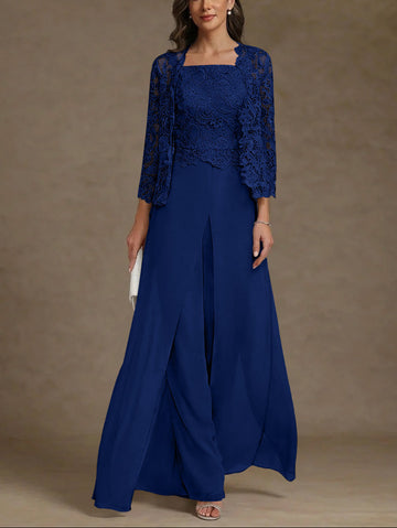 3 Pieces Square Collar Chiffon Mother of the Bride Pantsuits with Jacket Lace Ankle-Length with Overskirt 3/4 Sleeves
