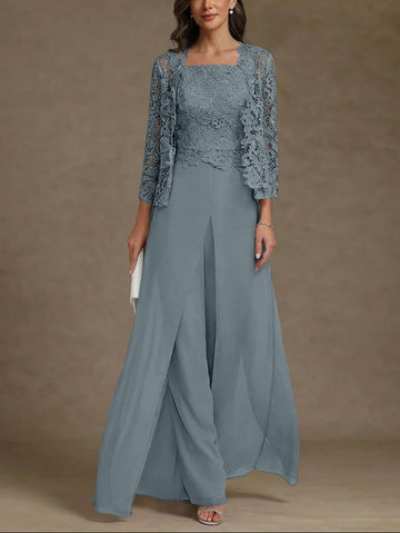 3 Pieces Square Collar Chiffon Mother of the Bride Pantsuits with Jacket Lace Ankle-Length with Overskirt 3/4 Sleeves
