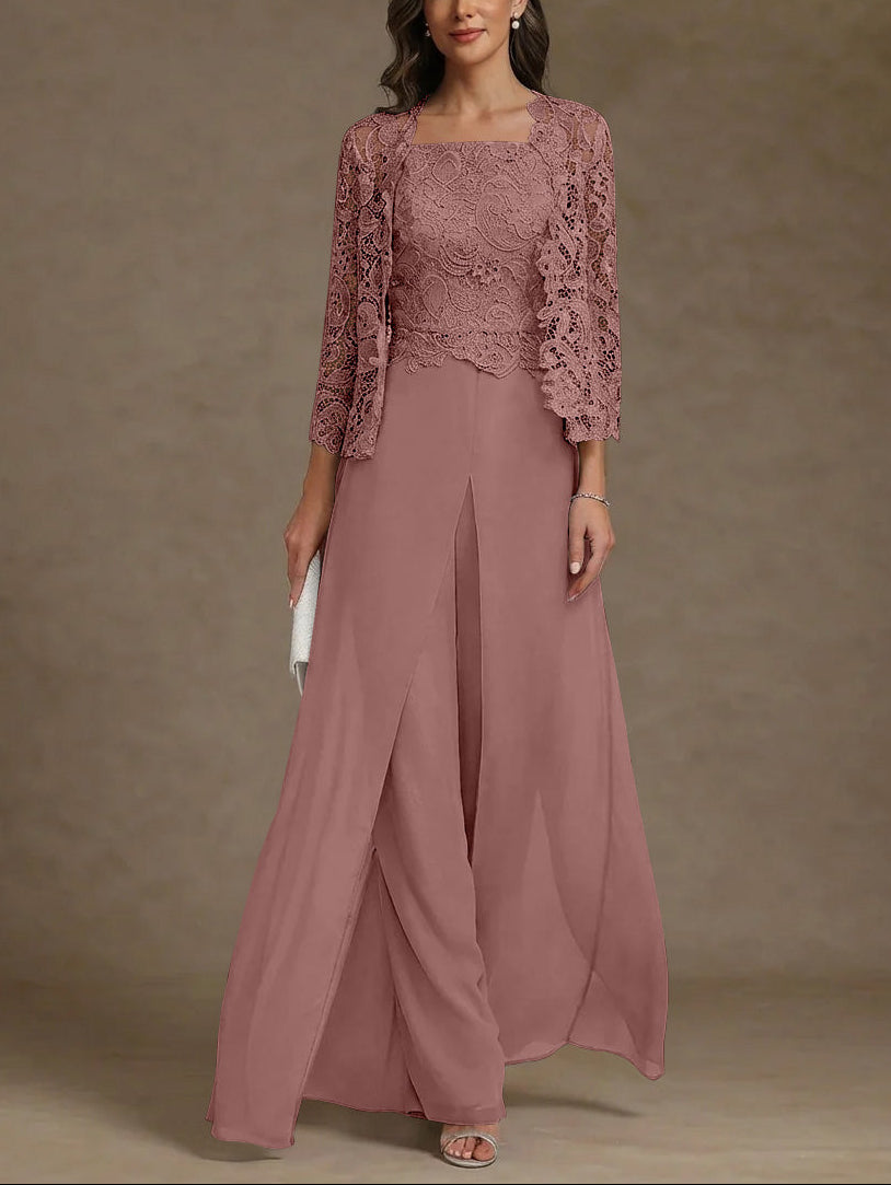3 Pieces Square Collar Chiffon Mother of the Bride Pantsuits with Jacket Lace Ankle-Length with Overskirt 3/4 Sleeves