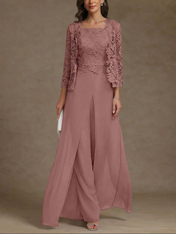 3 Pieces Square Collar Chiffon Mother of the Bride Pantsuits with Jacket Lace Ankle-Length with Overskirt 3/4 Sleeves