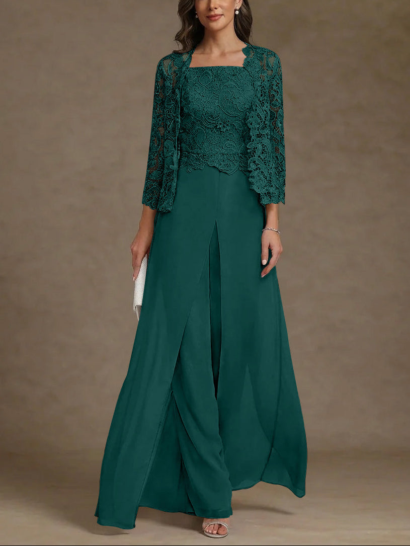 3 Pieces Square Collar Chiffon Mother of the Bride Pantsuits with Jacket Lace Ankle-Length with Overskirt 3/4 Sleeves