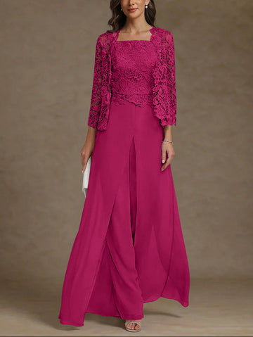 3 Pieces Square Collar Chiffon Mother of the Bride Pantsuits with Jacket Lace Ankle-Length with Overskirt 3/4 Sleeves