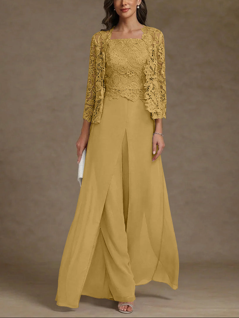 3 Pieces Square Collar Chiffon Mother of the Bride Pantsuits with Jacket Lace Ankle-Length with Overskirt 3/4 Sleeves