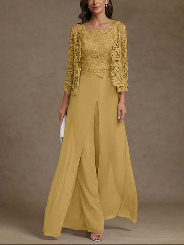 3 Pieces Square Collar Chiffon Mother of the Bride Pantsuits with Jacket Lace Ankle-Length with Overskirt 3/4 Sleeves