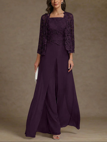 3 Pieces Square Collar Chiffon Mother of the Bride Pantsuits with Jacket Lace Ankle-Length with Overskirt 3/4 Sleeves
