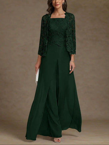 3 Pieces Square Collar Chiffon Mother of the Bride Pantsuits with Jacket Lace Ankle-Length with Overskirt 3/4 Sleeves