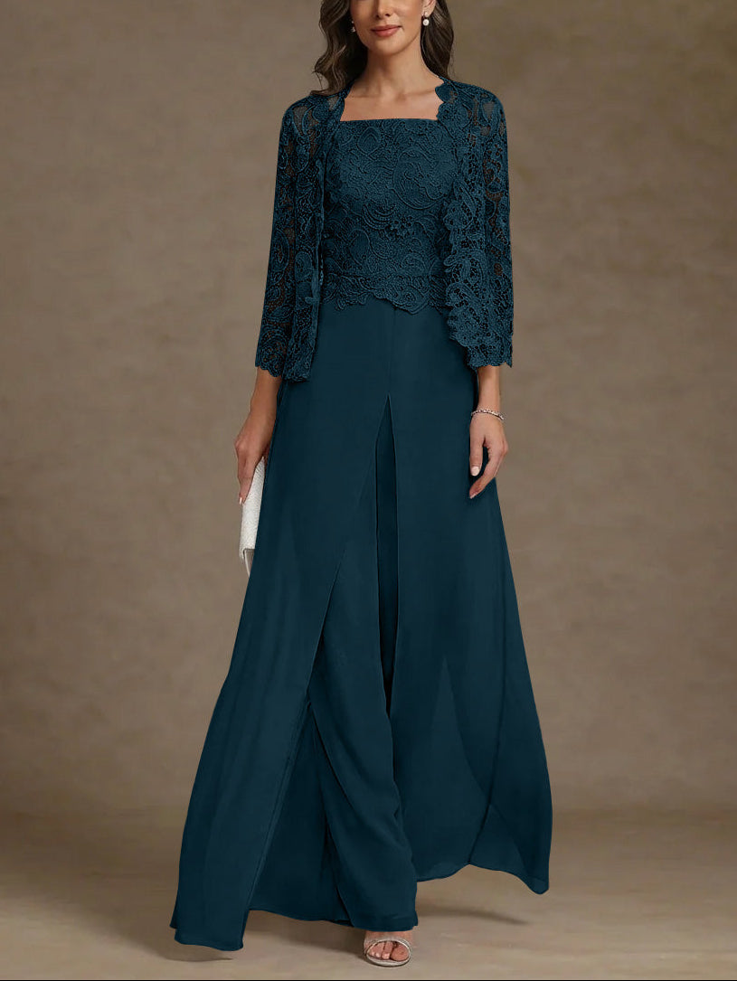3 Pieces Square Collar Chiffon Mother of the Bride Pantsuits with Jacket Lace Ankle-Length with Overskirt 3/4 Sleeves