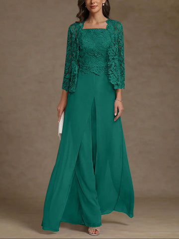 3 Pieces Square Collar Chiffon Mother of the Bride Pantsuits with Jacket Lace Ankle-Length with Overskirt 3/4 Sleeves