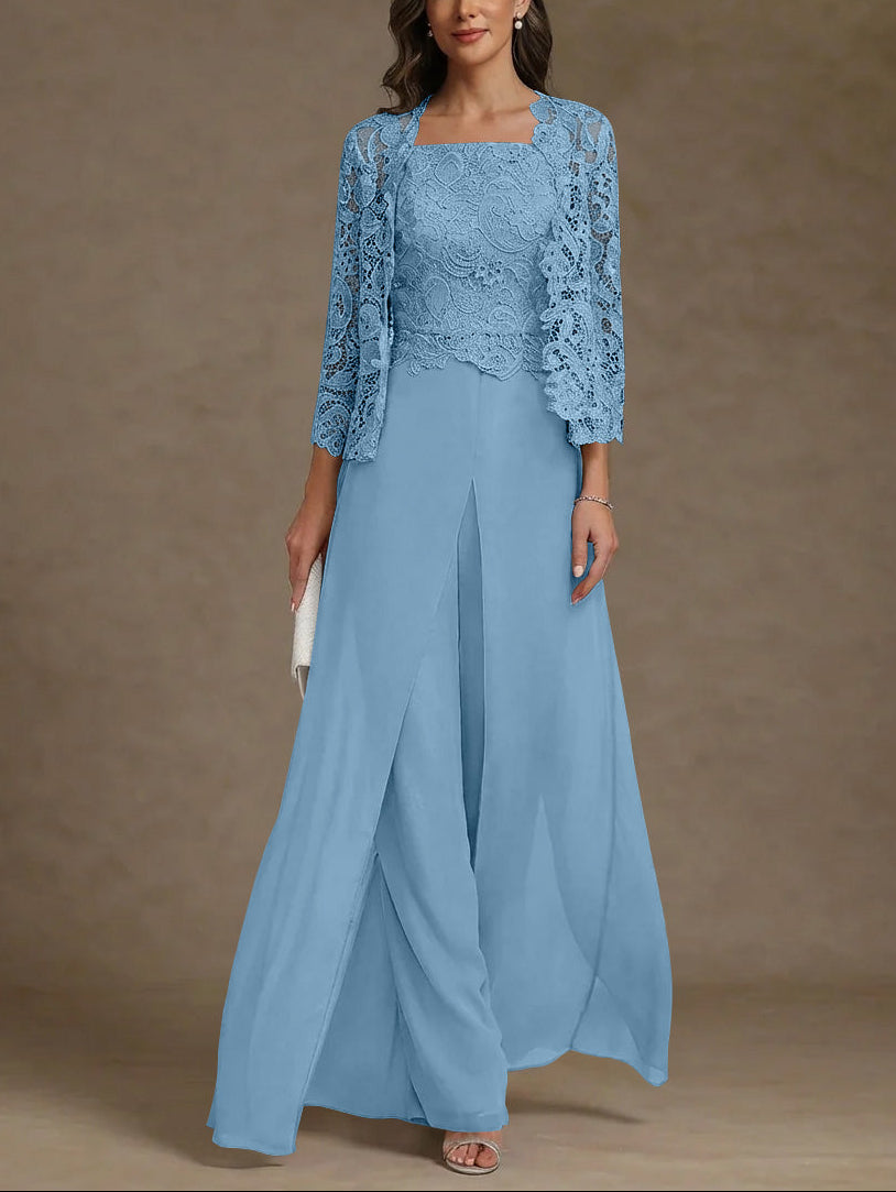 3 Pieces Square Collar Chiffon Mother of the Bride Pantsuits with Jacket Lace Ankle-Length with Overskirt 3/4 Sleeves