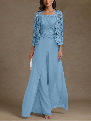 3 Pieces Square Collar Chiffon Mother of the Bride Pantsuits with Jacket Lace Ankle-Length with Overskirt 3/4 Sleeves