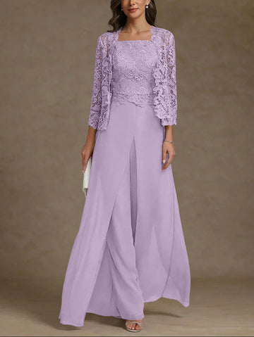 3 Pieces Square Collar Chiffon Mother of the Bride Pantsuits with Jacket Lace Ankle-Length with Overskirt 3/4 Sleeves