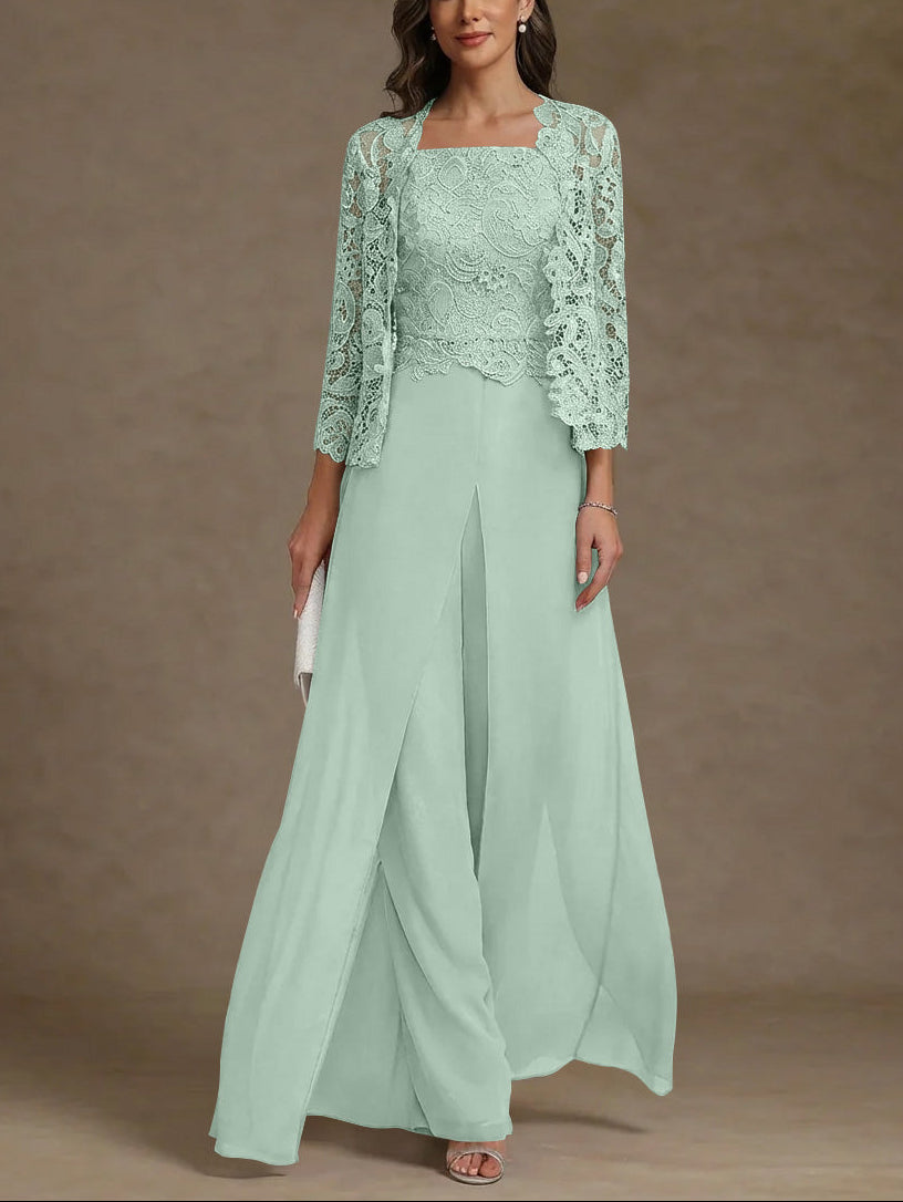3 Pieces Square Collar Chiffon Mother of the Bride Pantsuits with Jacket Lace Ankle-Length with Overskirt 3/4 Sleeves