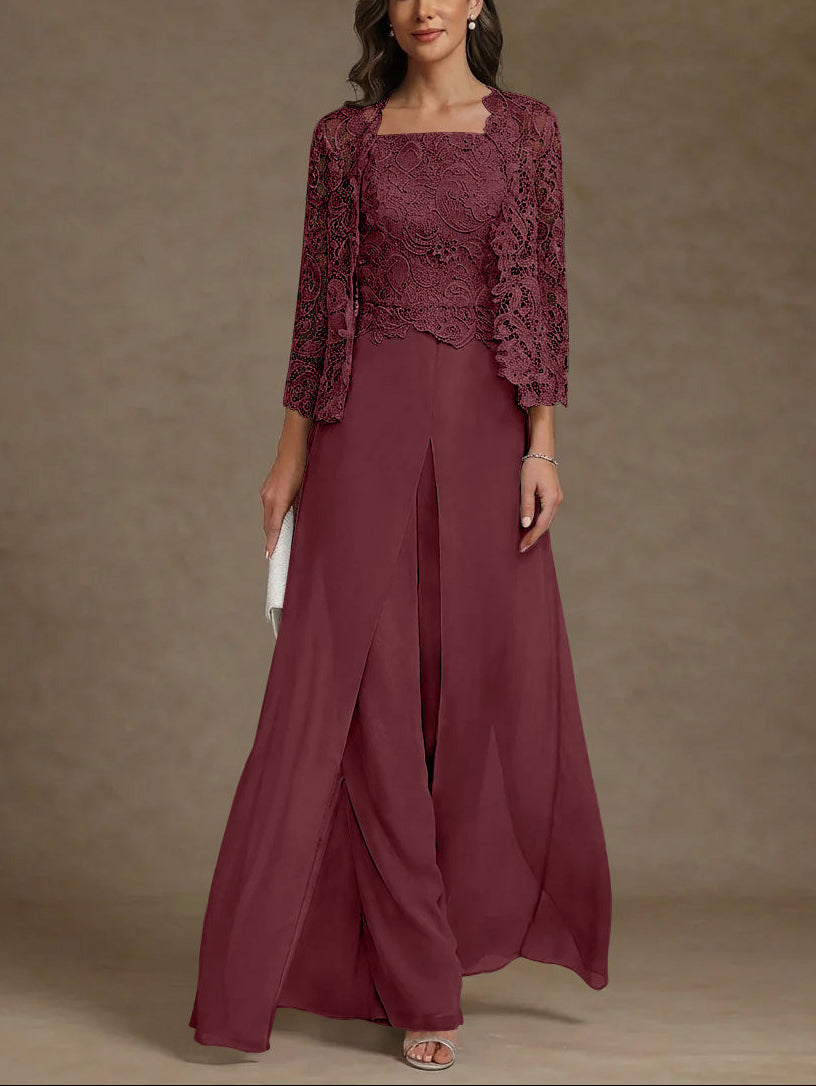 3 Pieces Square Collar Chiffon Mother of the Bride Pantsuits with Jacket Lace Ankle-Length with Overskirt 3/4 Sleeves