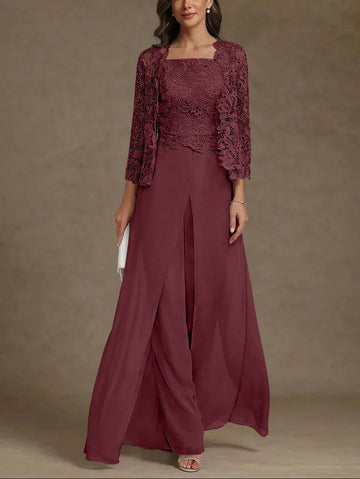 3 Pieces Square Collar Chiffon Mother of the Bride Pantsuits with Jacket Lace Ankle-Length with Overskirt 3/4 Sleeves