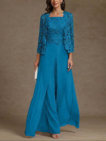 3 Pieces Square Collar Chiffon Mother of the Bride Pantsuits with Jacket Lace Ankle-Length with Overskirt 3/4 Sleeves