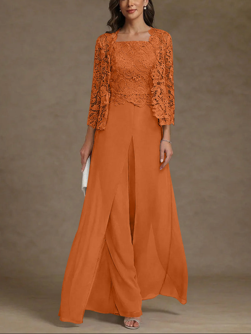 3 Pieces Square Collar Chiffon Mother of the Bride Pantsuits with Jacket Lace Ankle-Length with Overskirt 3/4 Sleeves