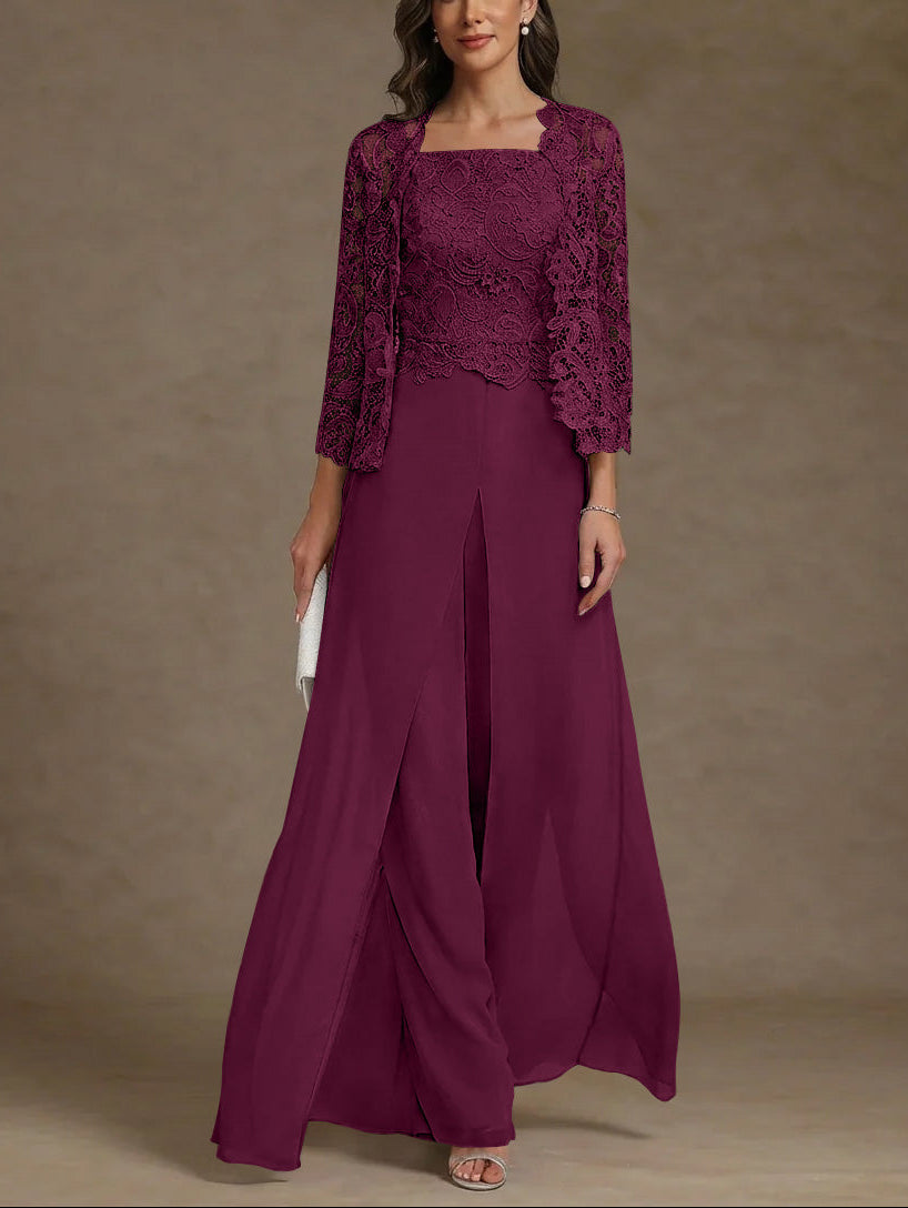 3 Pieces Square Collar Chiffon Mother of the Bride Pantsuits with Jacket Lace Ankle-Length with Overskirt 3/4 Sleeves