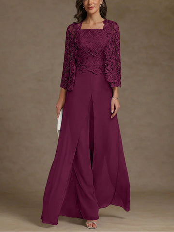 3 Pieces Square Collar Chiffon Mother of the Bride Pantsuits with Jacket Lace Ankle-Length with Overskirt 3/4 Sleeves