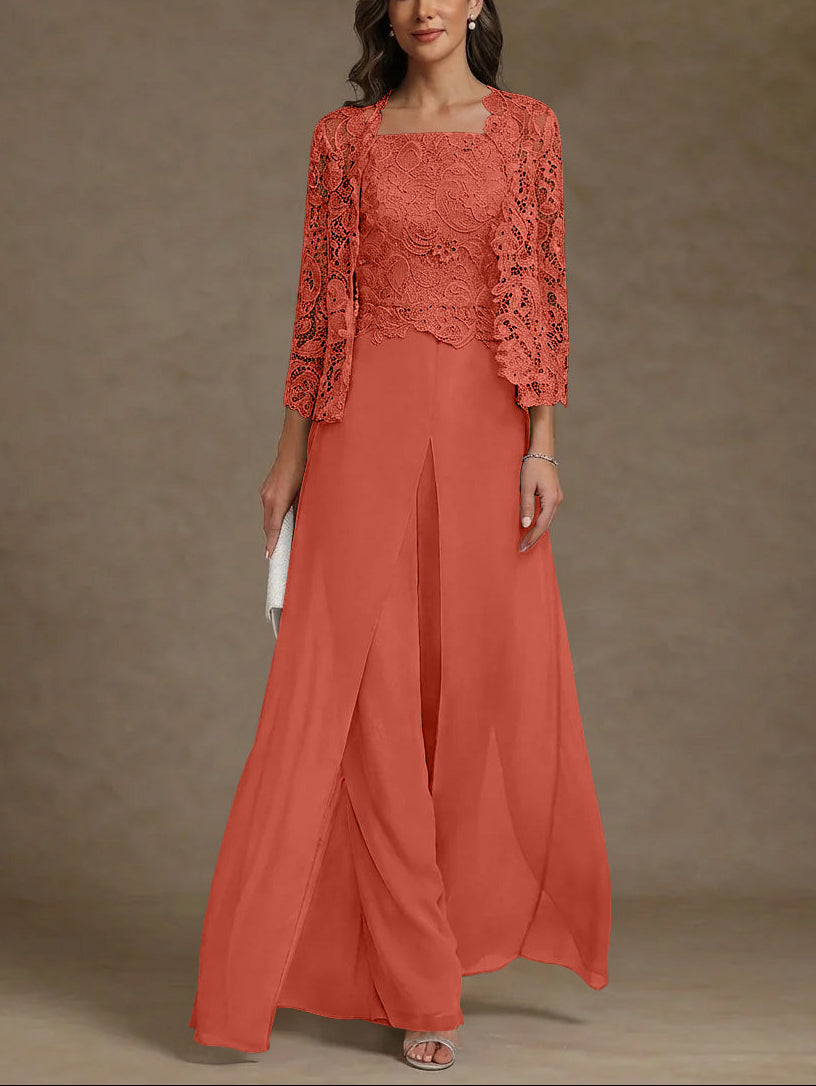 3 Pieces Square Collar Chiffon Mother of the Bride Pantsuits with Jacket Lace Ankle-Length with Overskirt 3/4 Sleeves