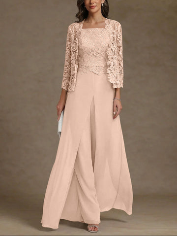 3 Pieces Square Collar Chiffon Mother of the Bride Pantsuits with Jacket Lace Ankle-Length with Overskirt 3/4 Sleeves