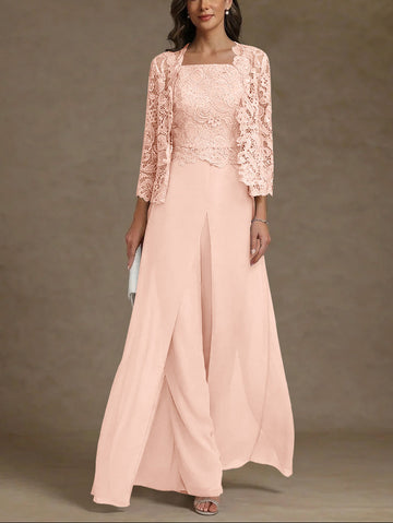 3 Pieces Square Collar Chiffon Mother of the Bride Pantsuits with Jacket Lace Ankle-Length with Overskirt 3/4 Sleeves