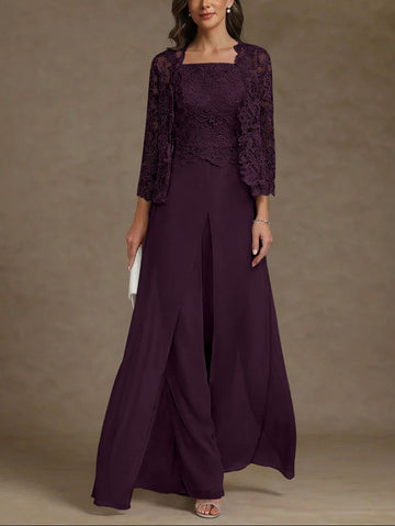 3 Pieces Square Collar Chiffon Mother of the Bride Pantsuits with Jacket Lace Ankle-Length with Overskirt 3/4 Sleeves