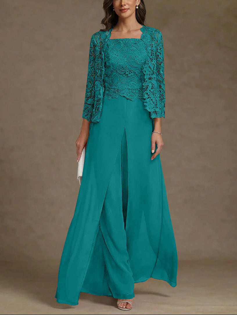 3 Pieces Square Collar Chiffon Mother of the Bride Pantsuits with Jacket Lace Ankle-Length with Overskirt 3/4 Sleeves