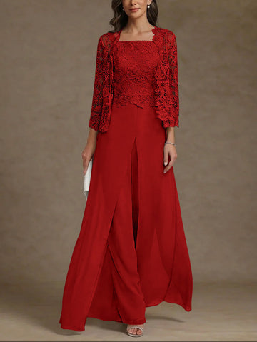 3 Pieces Square Collar Chiffon Mother of the Bride Pantsuits with Jacket Lace Ankle-Length with Overskirt 3/4 Sleeves