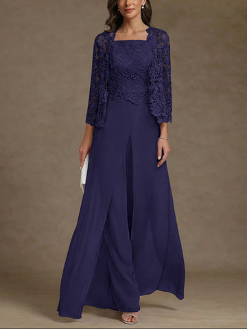 3 Pieces Square Collar Chiffon Mother of the Bride Pantsuits with Jacket Lace Ankle-Length with Overskirt 3/4 Sleeves