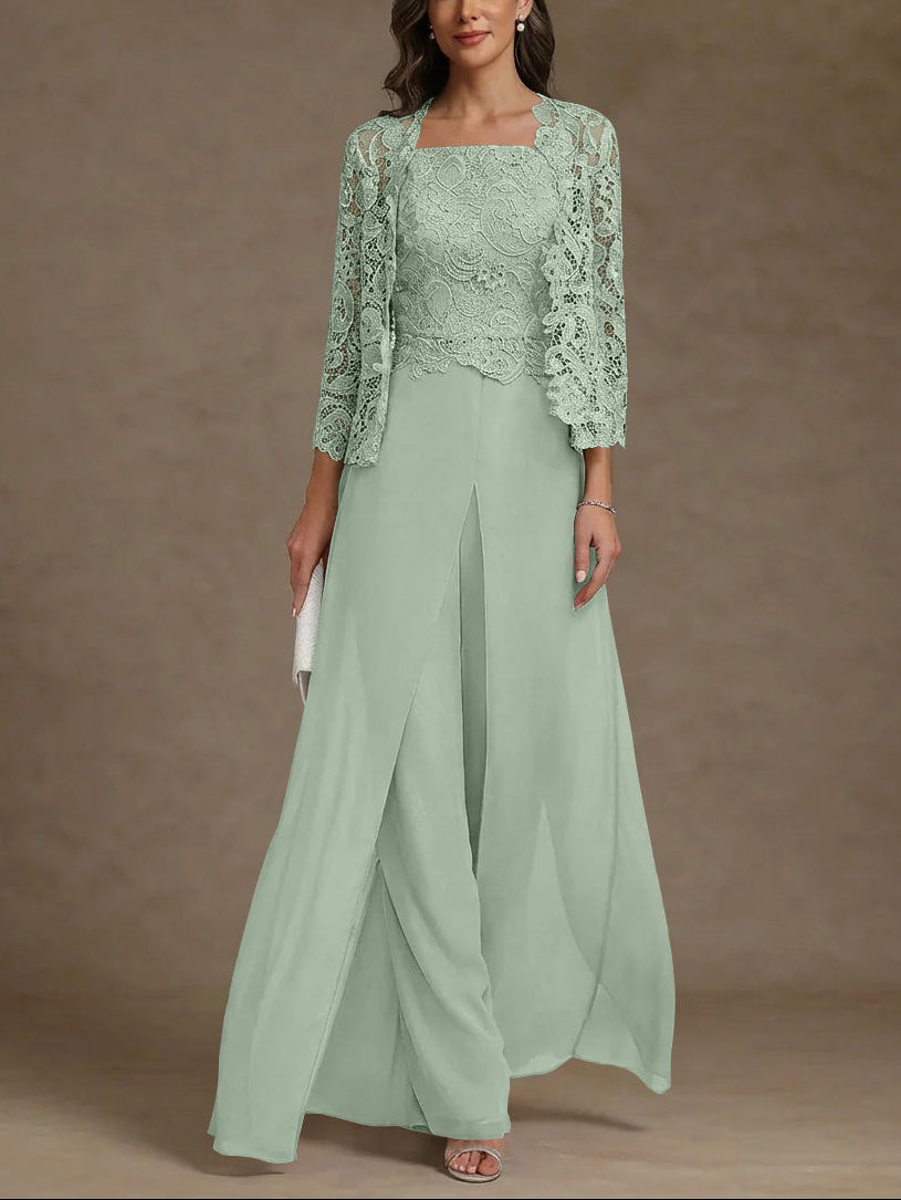 3 Pieces Square Collar Chiffon Mother of the Bride Pantsuits with Jacket Lace Ankle-Length with Overskirt 3/4 Sleeves