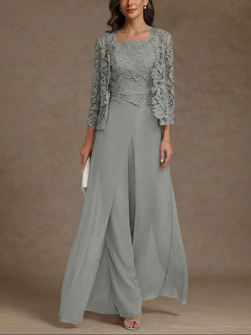 3 Pieces Square Collar Chiffon Mother of the Bride Pantsuits with Jacket Lace Ankle-Length with Overskirt 3/4 Sleeves