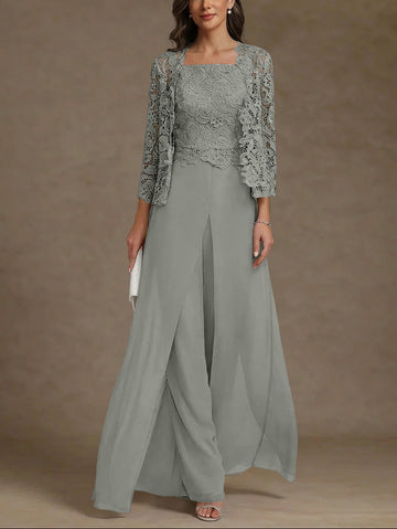 3 Pieces Square Collar Chiffon Mother of the Bride Pantsuits with Jacket Lace Ankle-Length with Overskirt 3/4 Sleeves