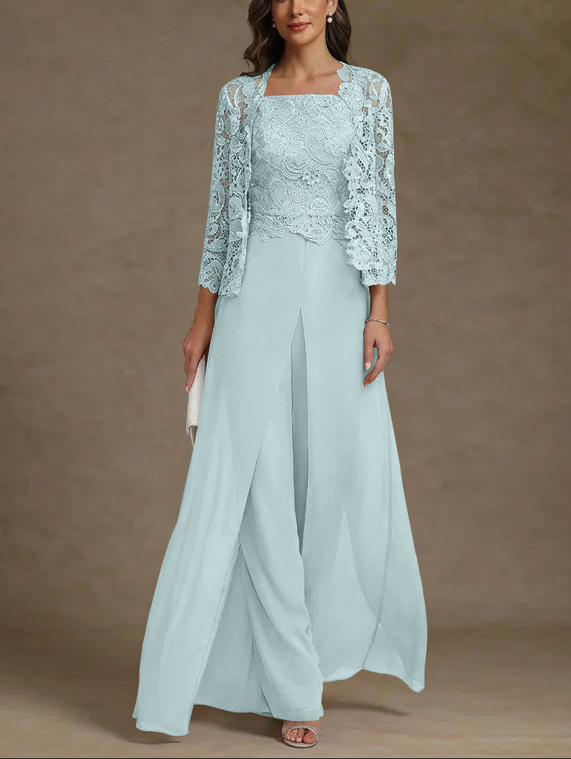 3 Pieces Square Collar Chiffon Mother of the Bride Pantsuits with Jacket Lace Ankle-Length with Overskirt 3/4 Sleeves