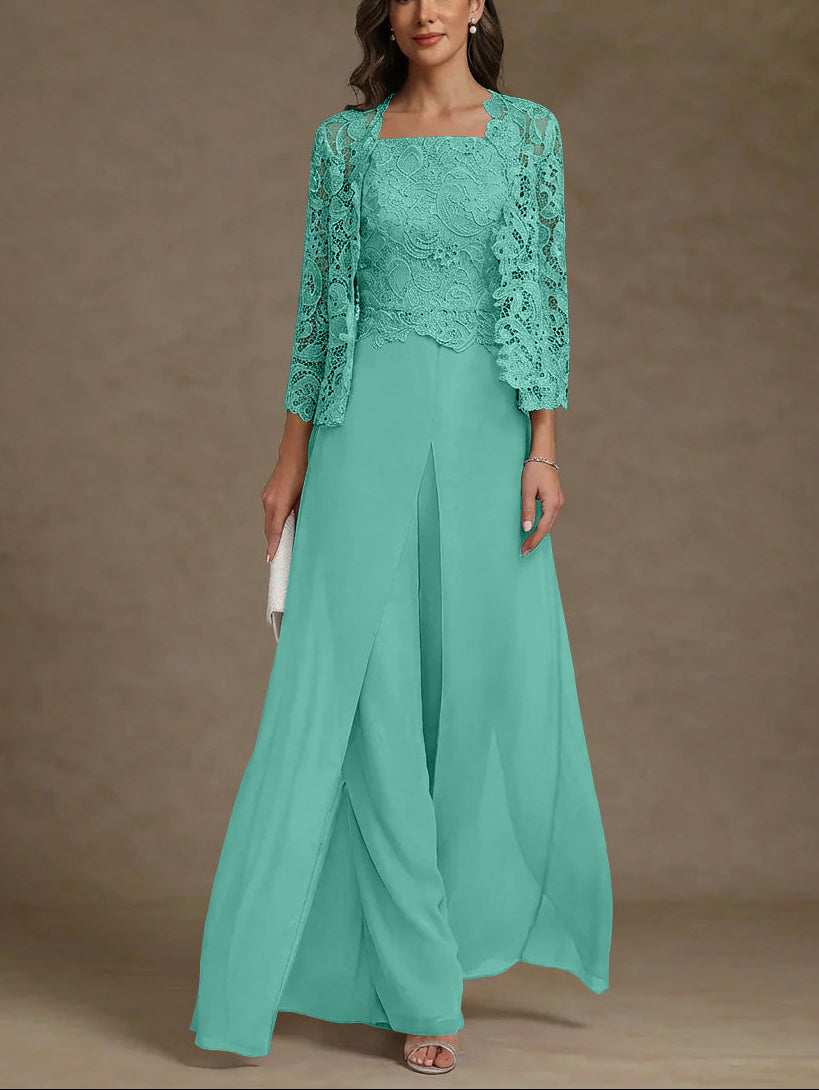 3 Pieces Square Collar Chiffon Mother of the Bride Pantsuits with Jacket Lace Ankle-Length with Overskirt 3/4 Sleeves