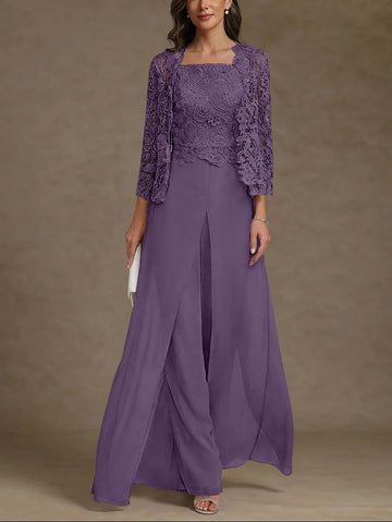 3 Pieces Square Collar Chiffon Mother of the Bride Pantsuits with Jacket Lace Ankle-Length with Overskirt 3/4 Sleeves