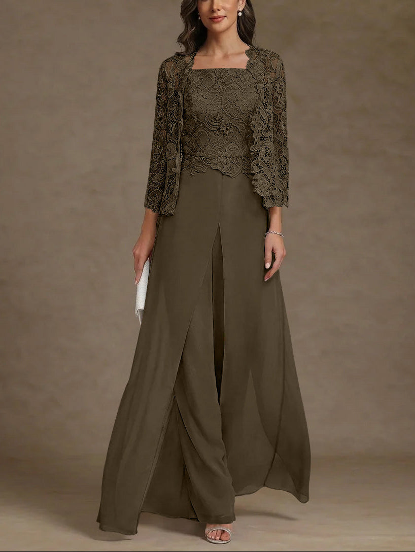 3 Pieces Square Collar Chiffon Mother of the Bride Pantsuits with Jacket Lace Ankle-Length with Overskirt 3/4 Sleeves
